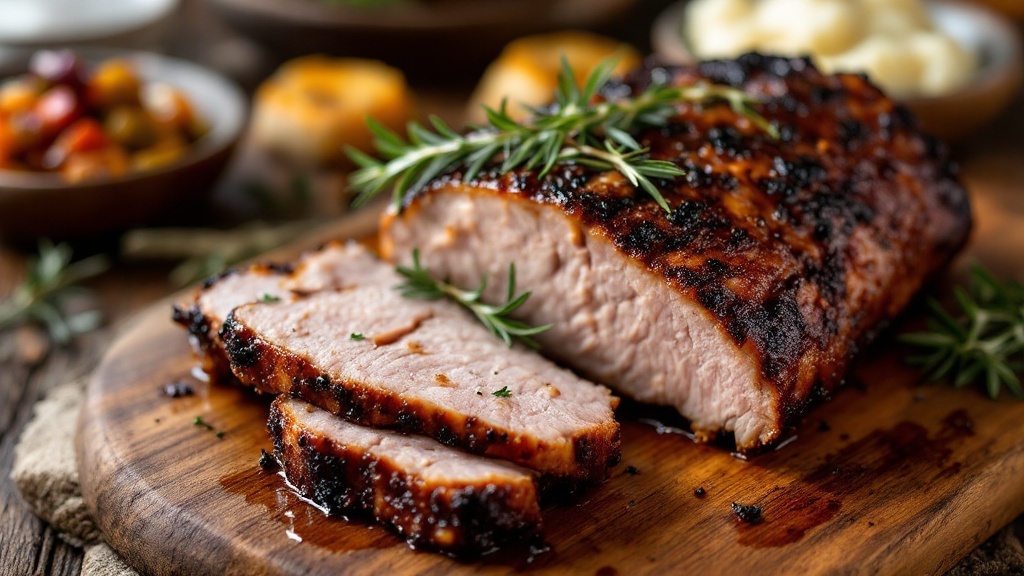 Crispy and Tender Roast Pork Belly A close-up of crispy roast pork belly slices on a wooden board, garnished with fresh herbs.